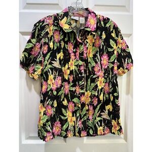 Vintage Erika Women's Smocked Black Pink Floral Button Down Top Sz M Cottagecore